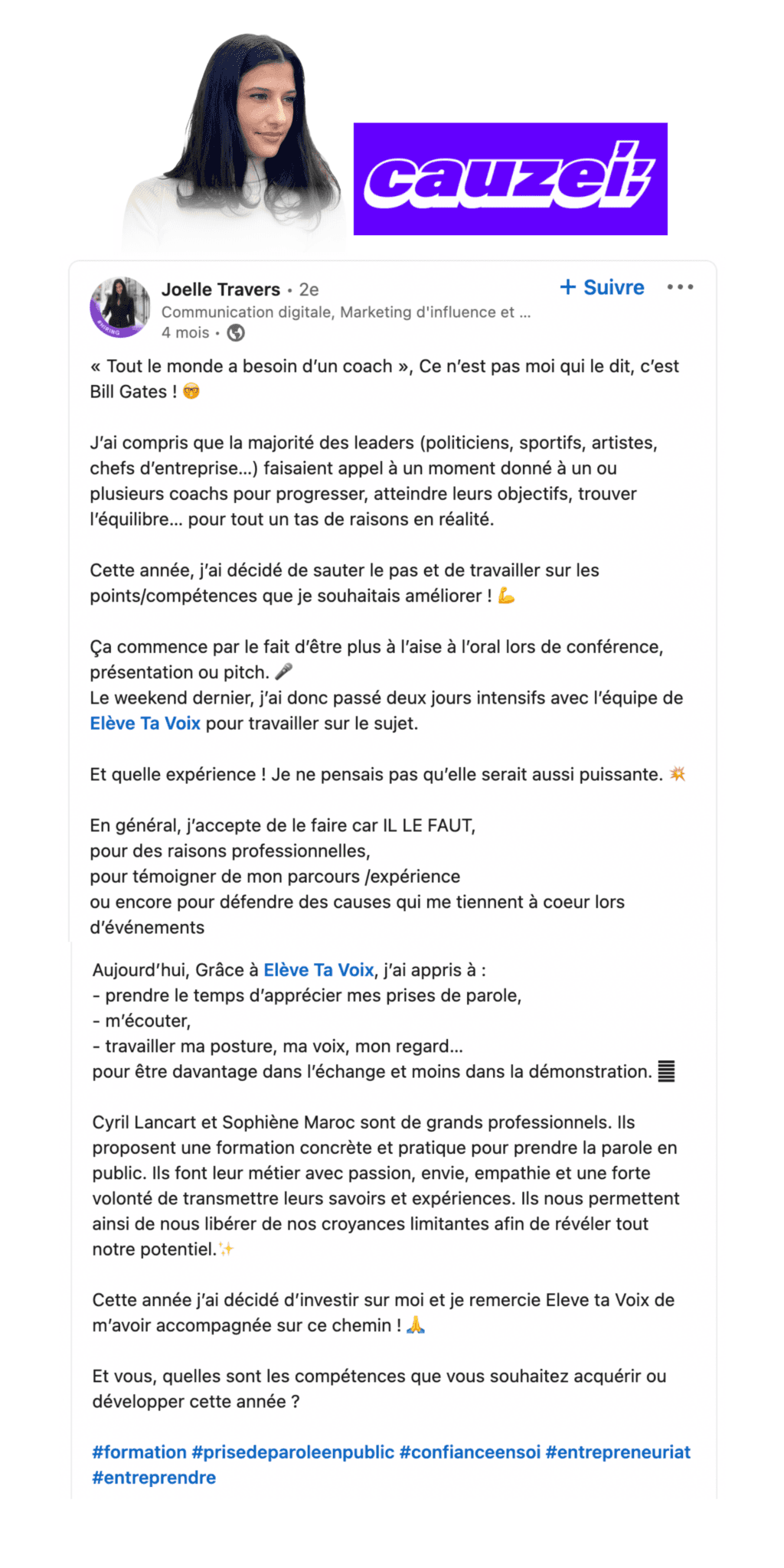 Témoignage LinkedIn de Joelle Travers