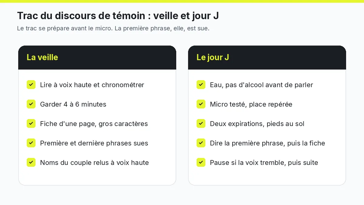 Checklist pour gérer le trac le jour d'un discours de témoin de mariage, la veille et le jour J