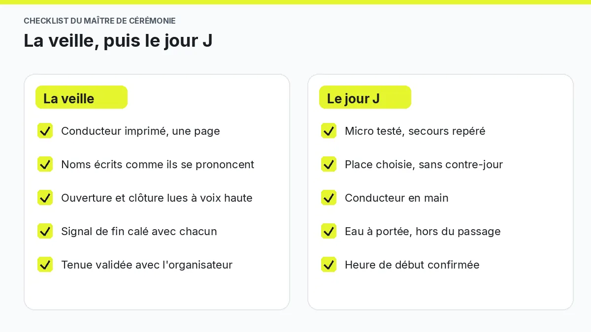 Checklist du maître de cérémonie pour animer un événement : préparatifs de la veille et vérifications du jour J